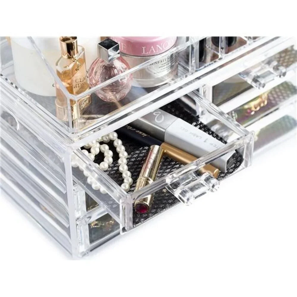 Clear Makeup Organizer -16-Compartment Cosmetic and Jewelry Holder with 4 Drawer
